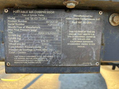 2018 Atlas Copco XAS185 Diesel Portable Air Compressor