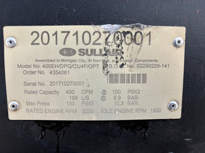 2017 Sullair 400EH Diesel Portable Air Compressor S# 201710270001