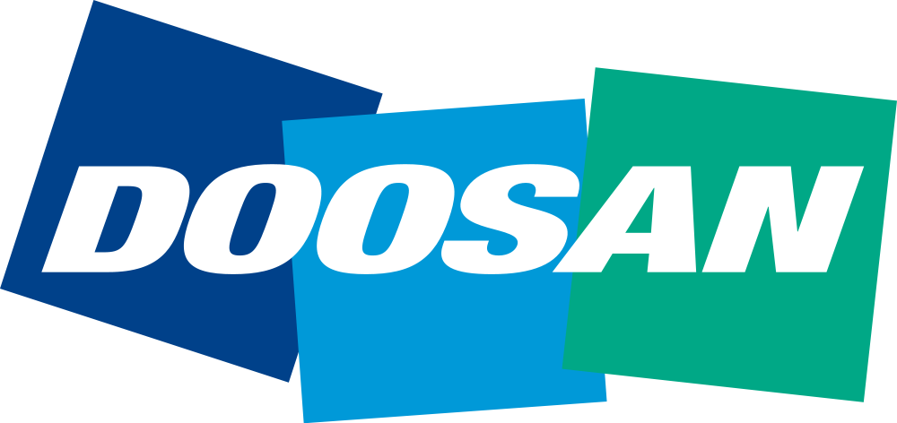 The Doosan logo featuring the word 'DOOSAN' in bold white letters across three overlapping tilted colored blocks: dark blue, light blue, and green, on a transparent background.