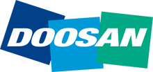 The Doosan logo featuring the word 'DOOSAN' in bold white letters across three overlapping tilted colored blocks: dark blue, light blue, and green, on a transparent background.