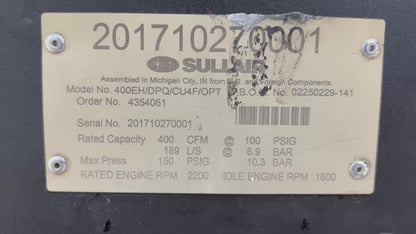 2017 Sullair 400EH Diesel Portable Air Compressor S# 201710270001